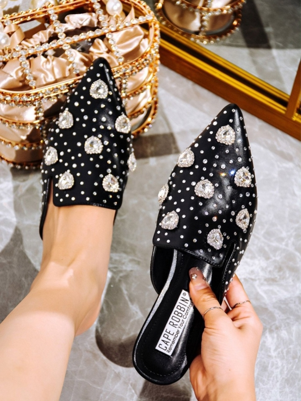 Cape Robbin Black Jeweled Pointed Mule